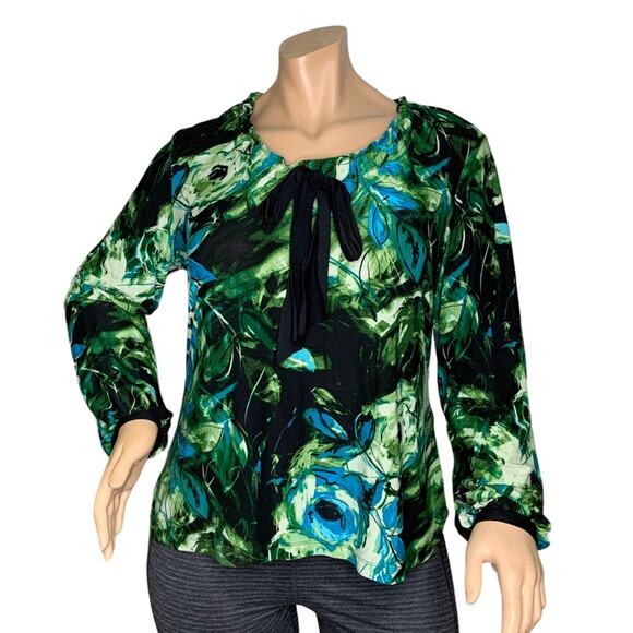 Apt. 9 Tops - Apt. 9 Blouse Long Sleeve Roses Print Black and Green Pullover Size XL